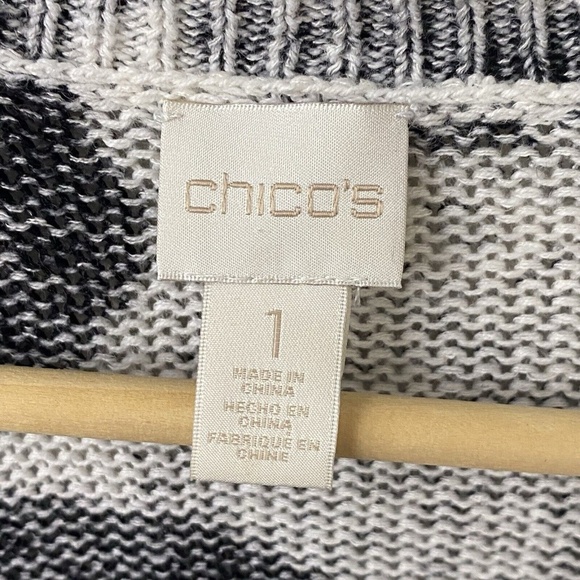 Chicos Linen Blend Sweater Cardigan 1 or Medium Black White Open Front - Picture 4 of 4